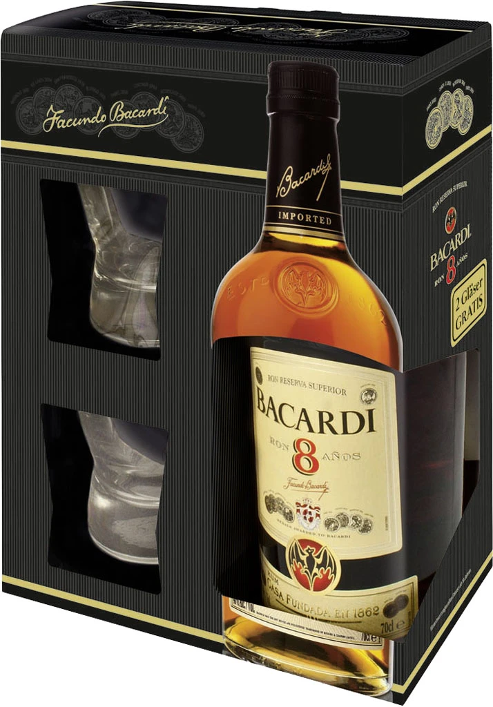 Bacardi Rum 8 Anos 0,7 Liter In Geschenkverpackung Mit 2 Gläsern 1 Bacardi Rum 8 Anos 0,7 Liter In Geschenkverpackung Mit 2 Gläsern